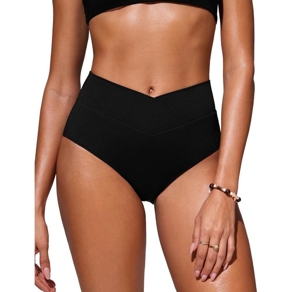 Women’s High Waisted V Cut Bikini Bottom Swimwear Full Coverage Black XS